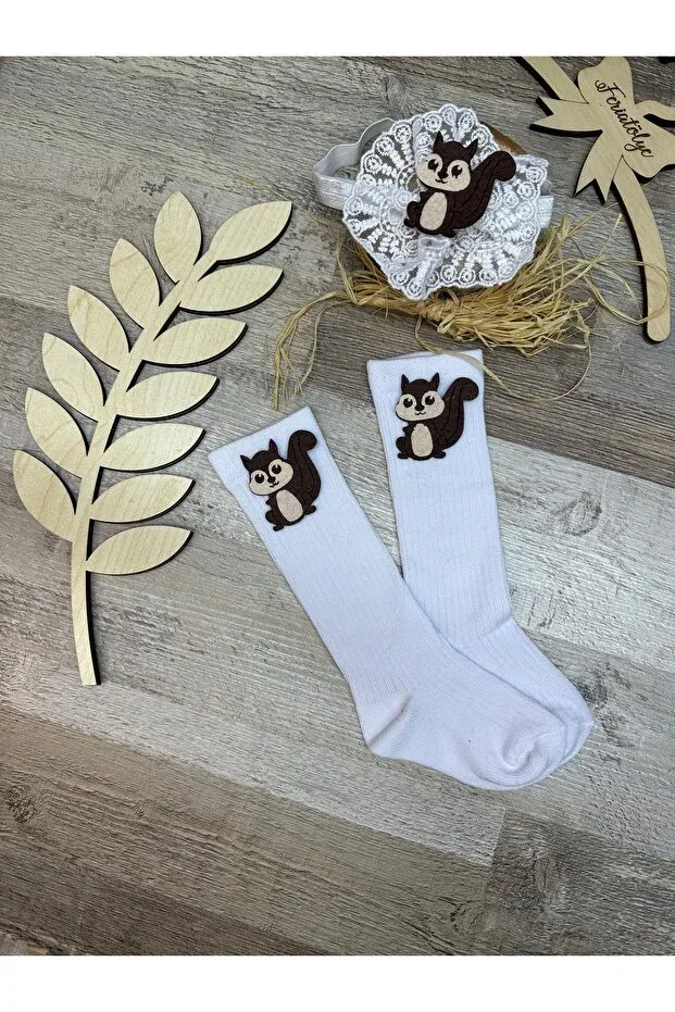 Детские носки для девочек с принтом Squirrel figured white lace baby girl headband and squirrel concept baby white knee socks Feriatolye, White