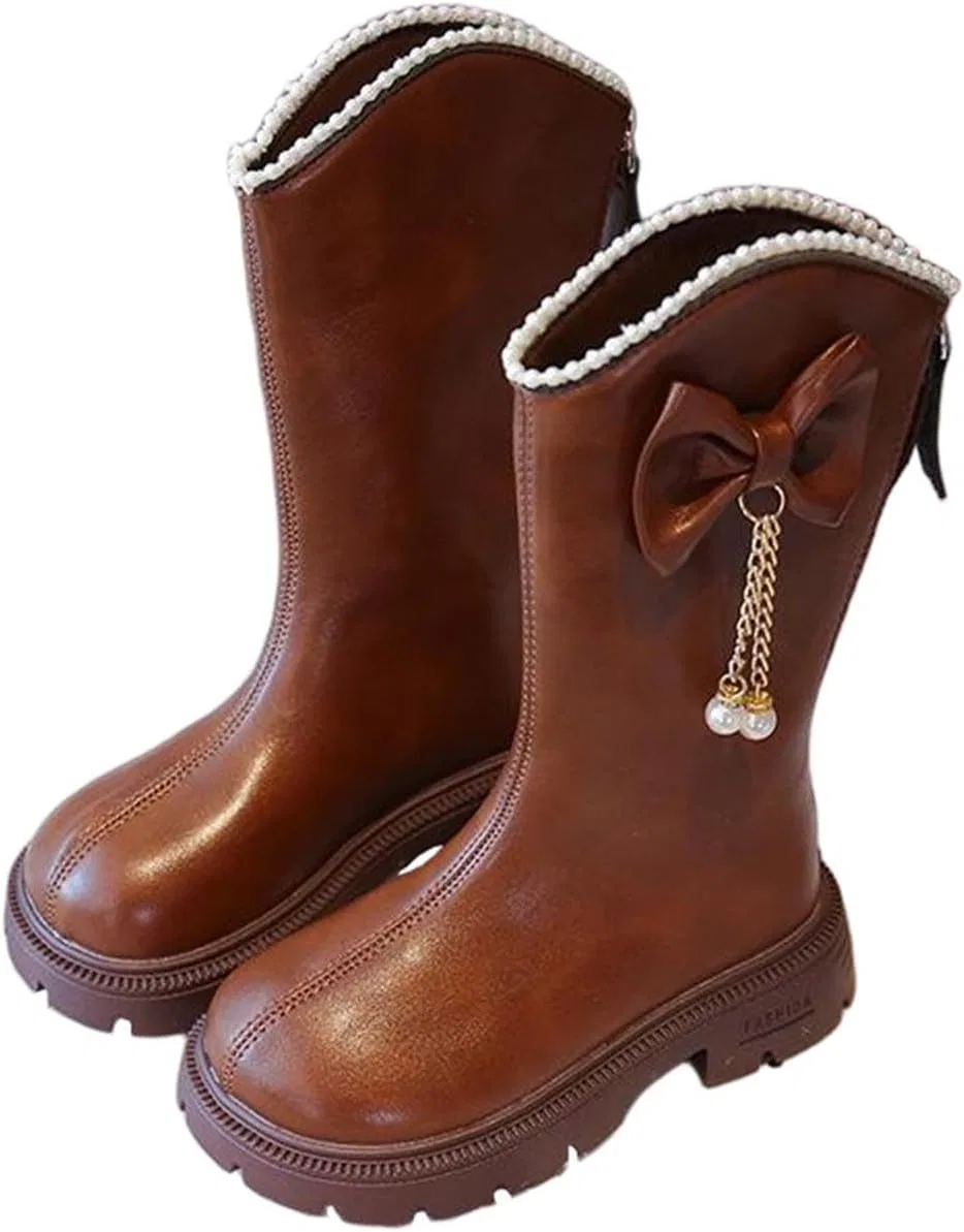 Детские сапоги для девочек с бантом и жемчугом ZDZZHYO, Brown