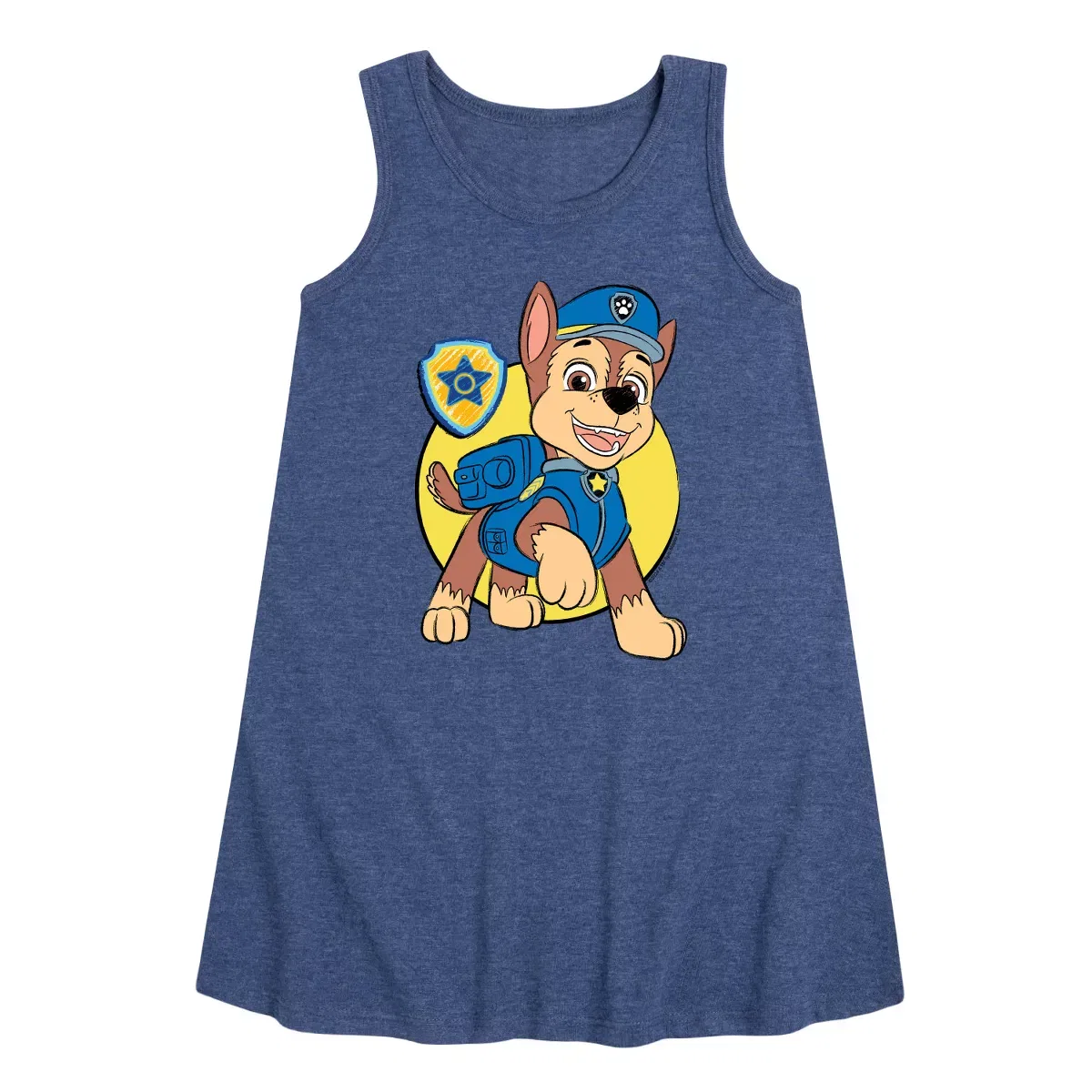 Детское платье-трапеция для девочек без рукавов с принтом Paw Patrol - Chase Sketch PAW Patrol, Heather Navy