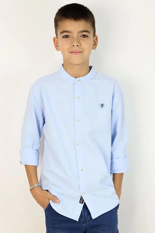 Детская рубашка для мальчиков с вышивкой Boy'S shirt with letter embroidery and buttons Breeze, Light Blue