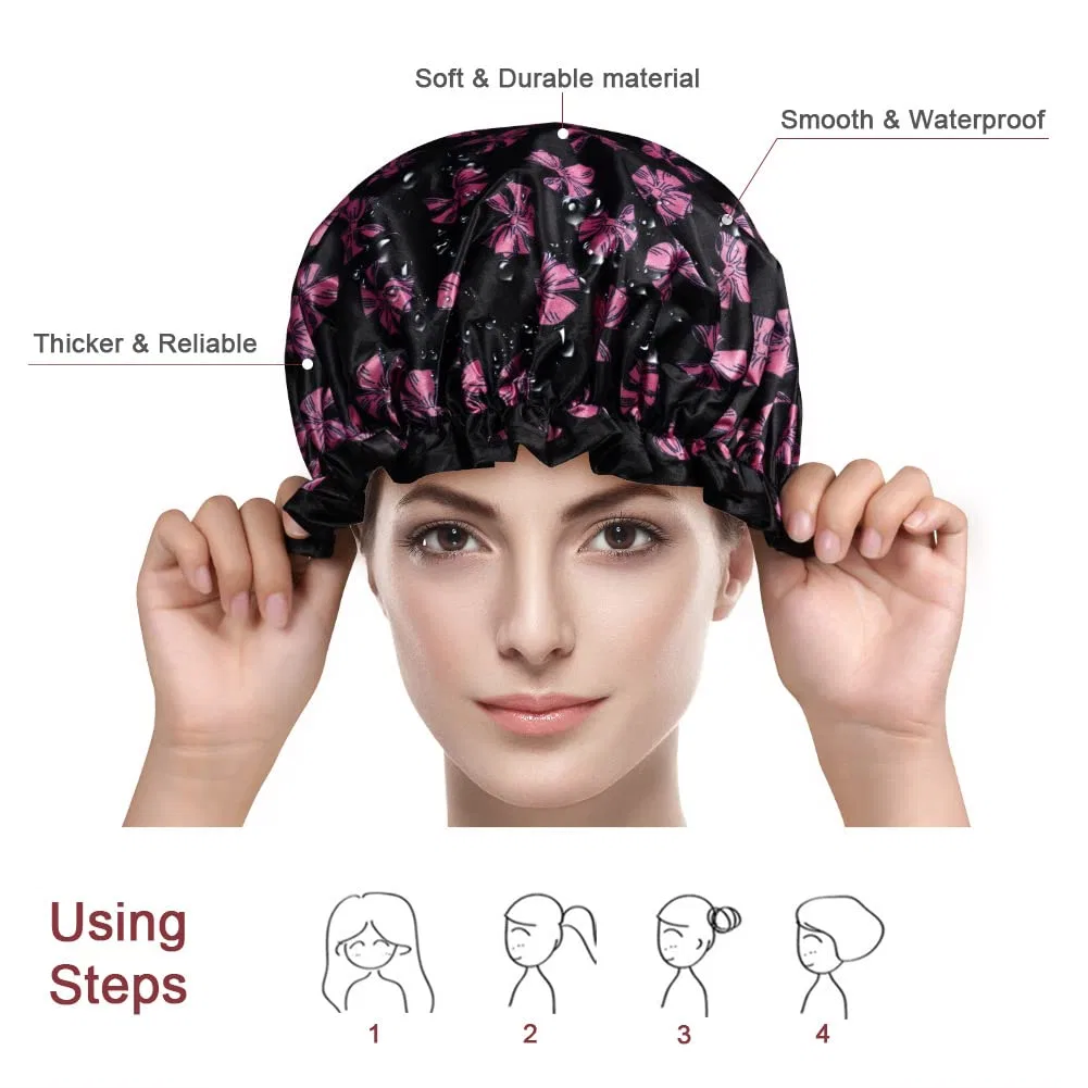 Satin Шапочка для душа Pack of 2, AOOWU, Pink and black — фото 4