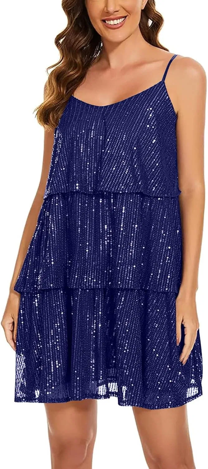 Женское платье с блестками Adjustable Spaghetti Strap, Navy