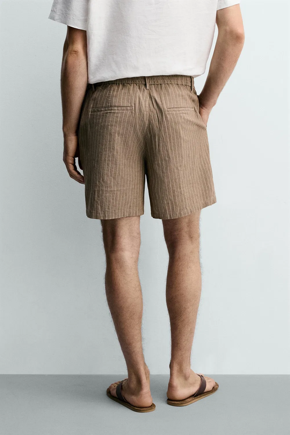 Хлопковые/льняные шорты-бермуды свободного кроя ZARA, Brown/Ecru — фото 3
