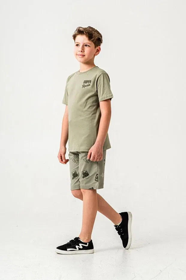 Детский комплект для мальчиков с принтом Super Racer Printed Boys Shorts - T-Shirt Set Mışıl Kids, Oliv — фото 3