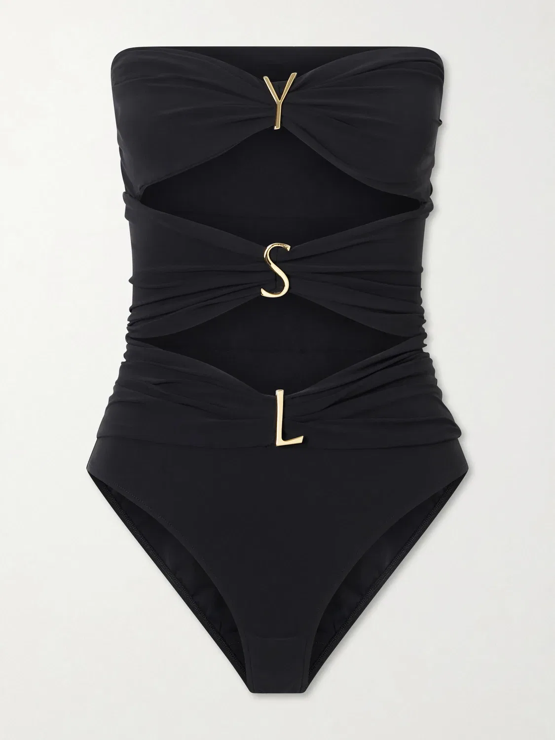 Купальник без бретелек с вырезами, сборками и украшениями SAINT LAURENT, черный