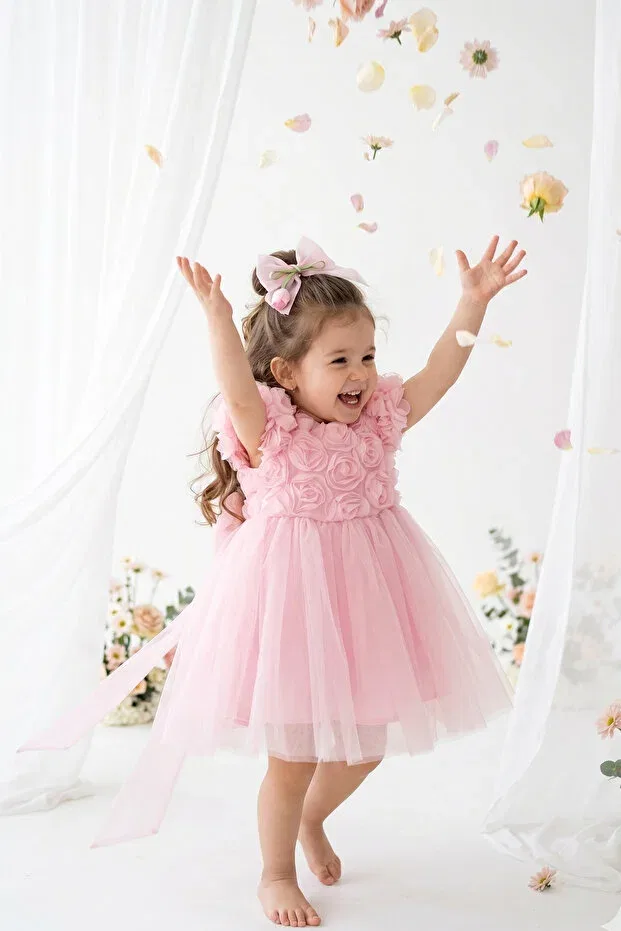 Детское платье для девочек с коротким рукавом с бантом Alyra, Pink — фото 4