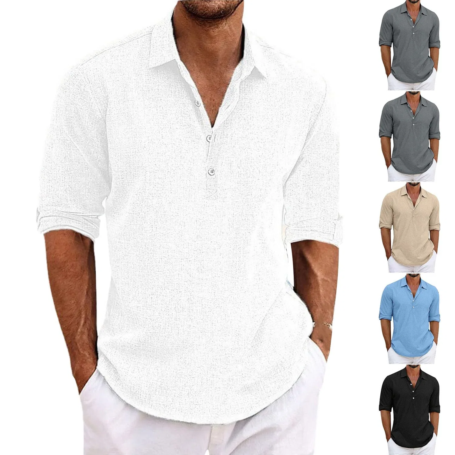 Мужская хлопковая рубашка-поло с коротким рукавом, модель Elbow Sleeve 4 Button Linen Lapel Collar, White — фото 2