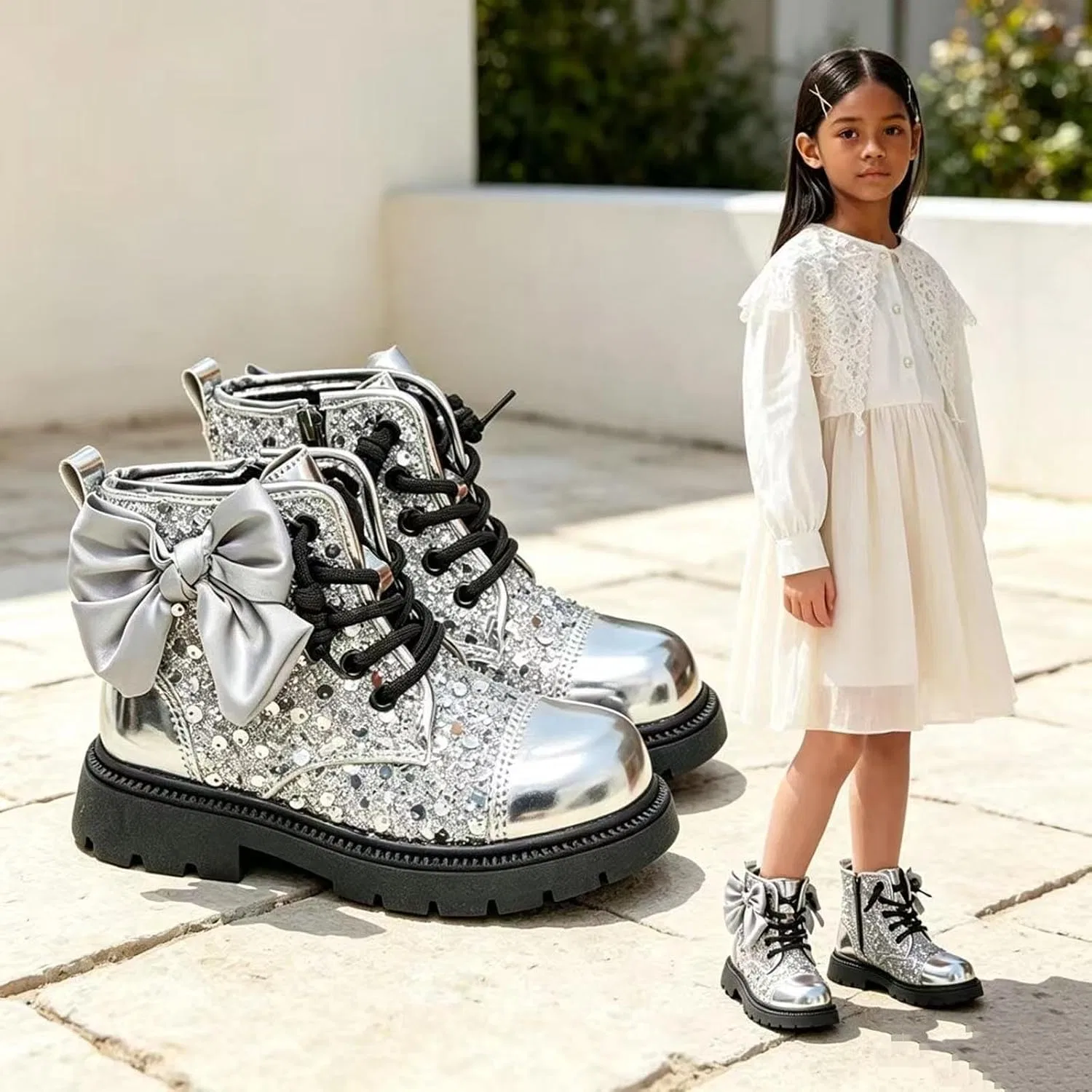 Детские зимние сапоги для девочек с меховой подкладкой и бантом SHOPESSA, Silver — фото 2