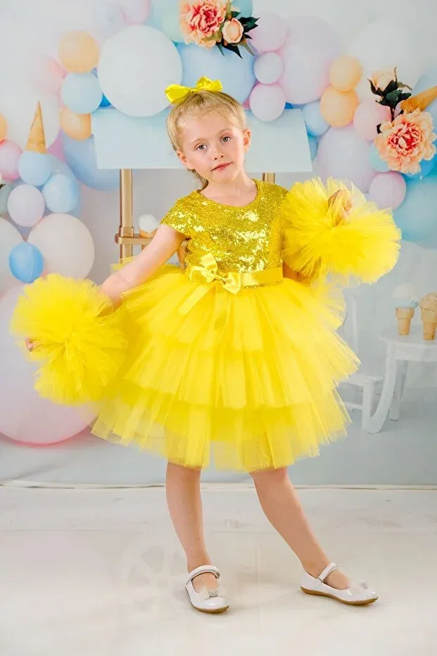 Детское платье для девочек с помпонами Delfini Kids, Yellow — фото 4