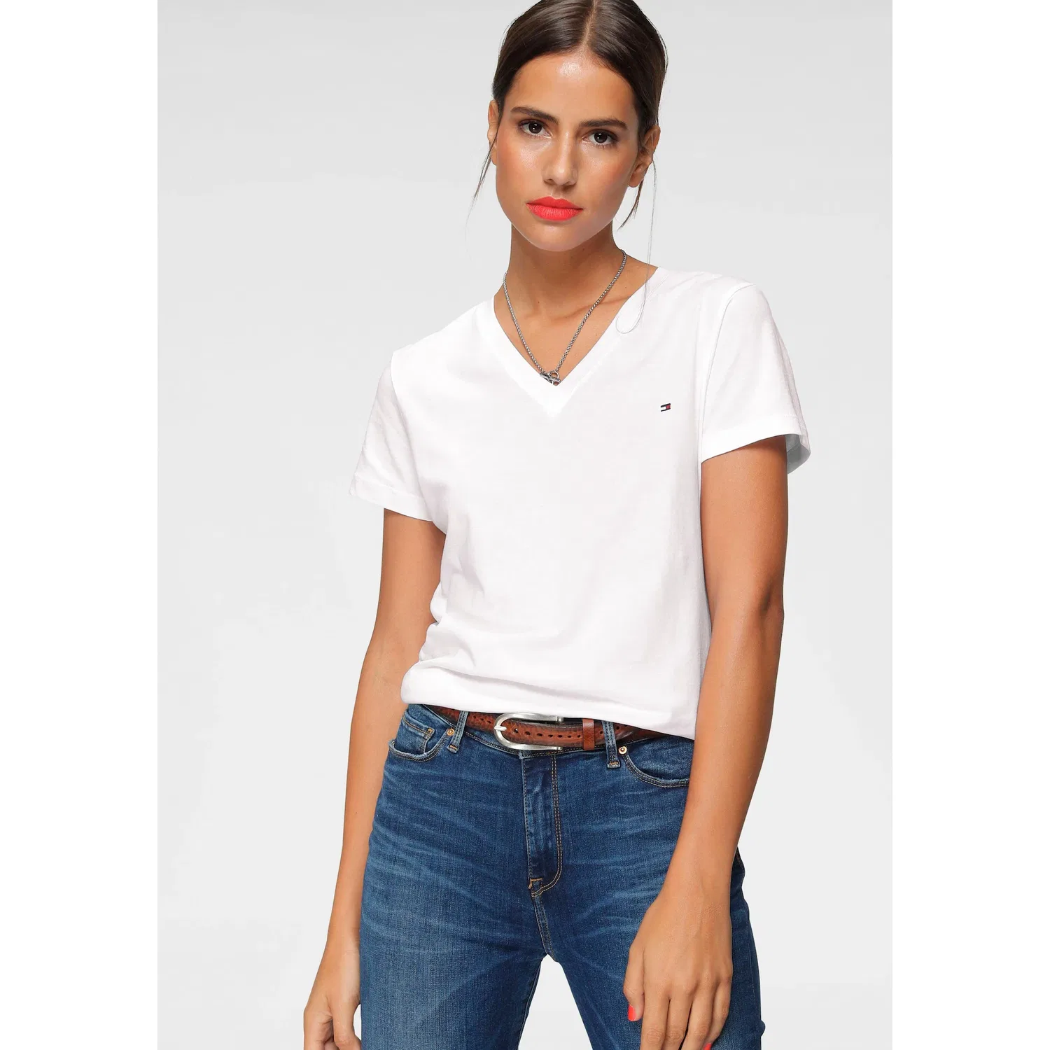 Женская приталенная футболка с V-образным вырезом Tommy Hilfiger, Classic White