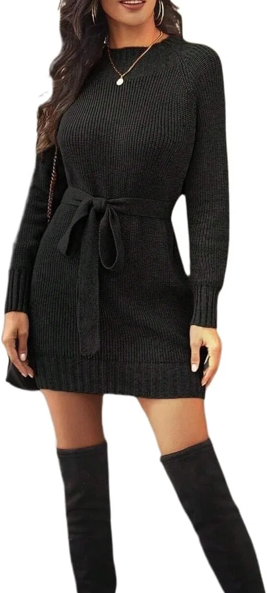 Женское мини-платье с круглым вырезом реглан Casual, Black