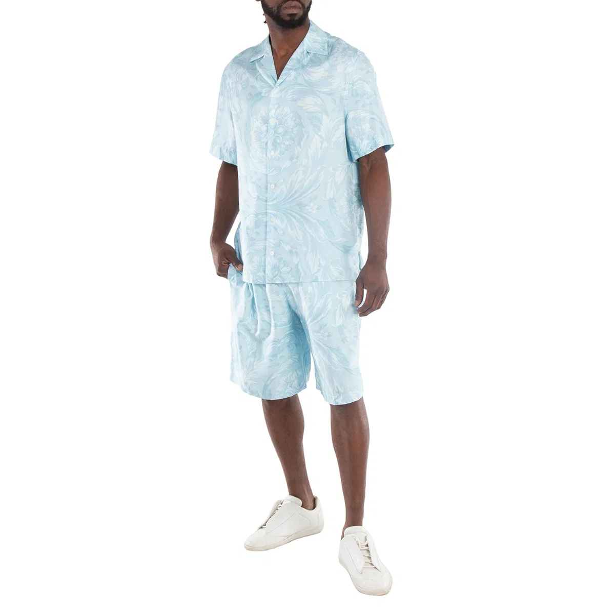 Шорты из шелка с принтом Barocco Print Silk Shorts Versace, Blue — фото 2
