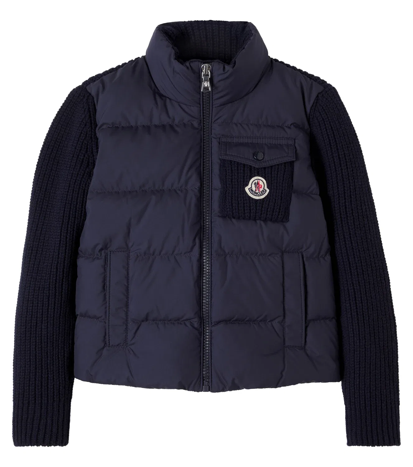 Вязаная куртка из шерсти и кашемира с пуховыми вставками Moncler Enfant, синий