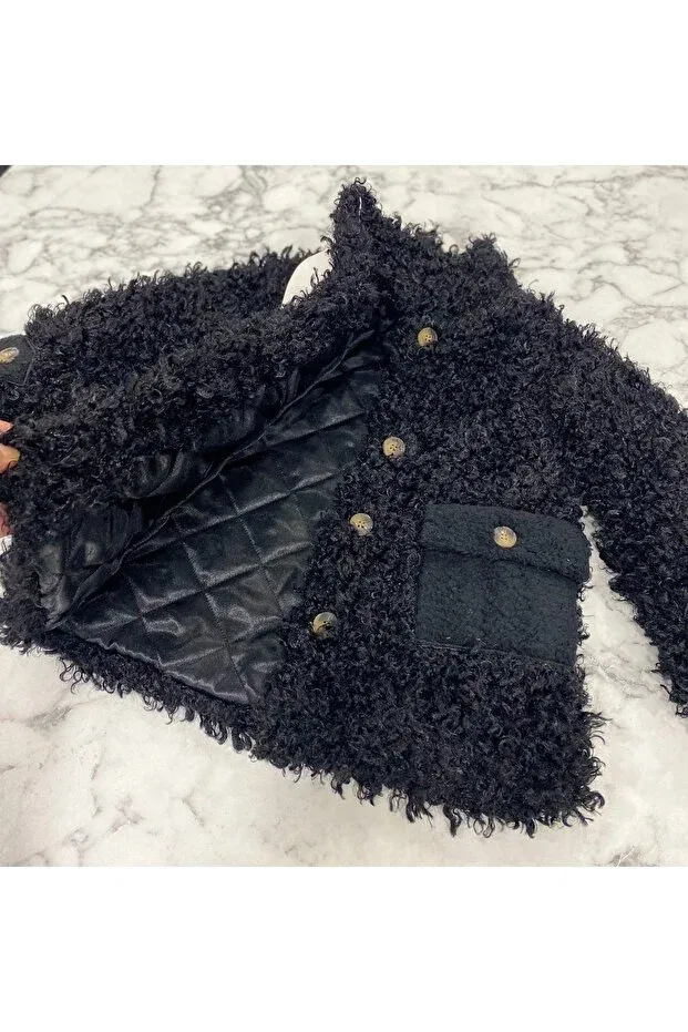 Детское пальто для девочек плюшевое Curly patterned girl's plush coat - waiter boy Hc Kids Wear, Black — фото 4