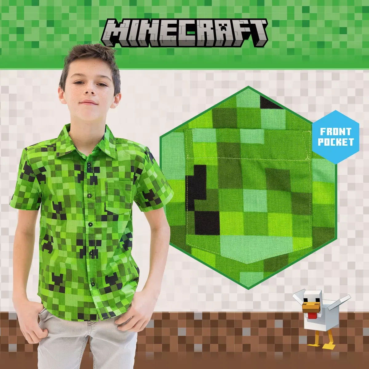 Детская рубашка с коротким рукавом с принтом Minecraft Creeper Button Down Dress Shirt Minecraft, Green — фото 3