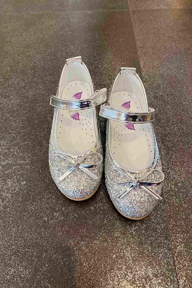 Детские балетки для девочек с коротким каблуком Moona Kids, Silver — фото 2