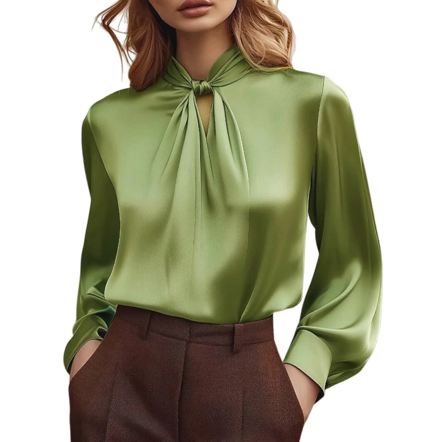 Женская блузка с длинным рукавом с бантом Elegant Work Shirt, Satin 06-mint Green