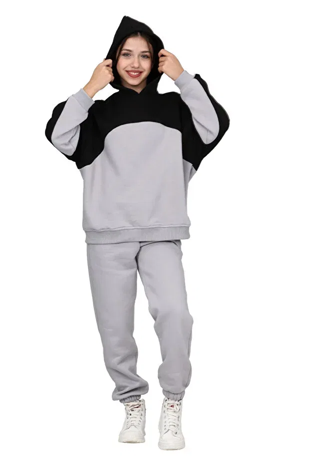 Детский спортивный костюм для девочек оверсайз из начеса Erdem Kids, Gray-Black — фото 3
