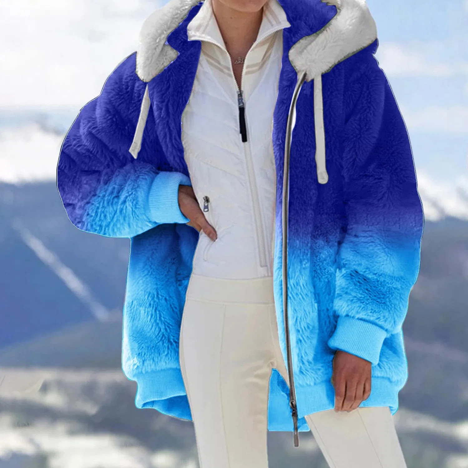 Женская мягкая длинная oversize-куртка с принтом двух цветов, на пуговицах, Blu 10 — фото 3