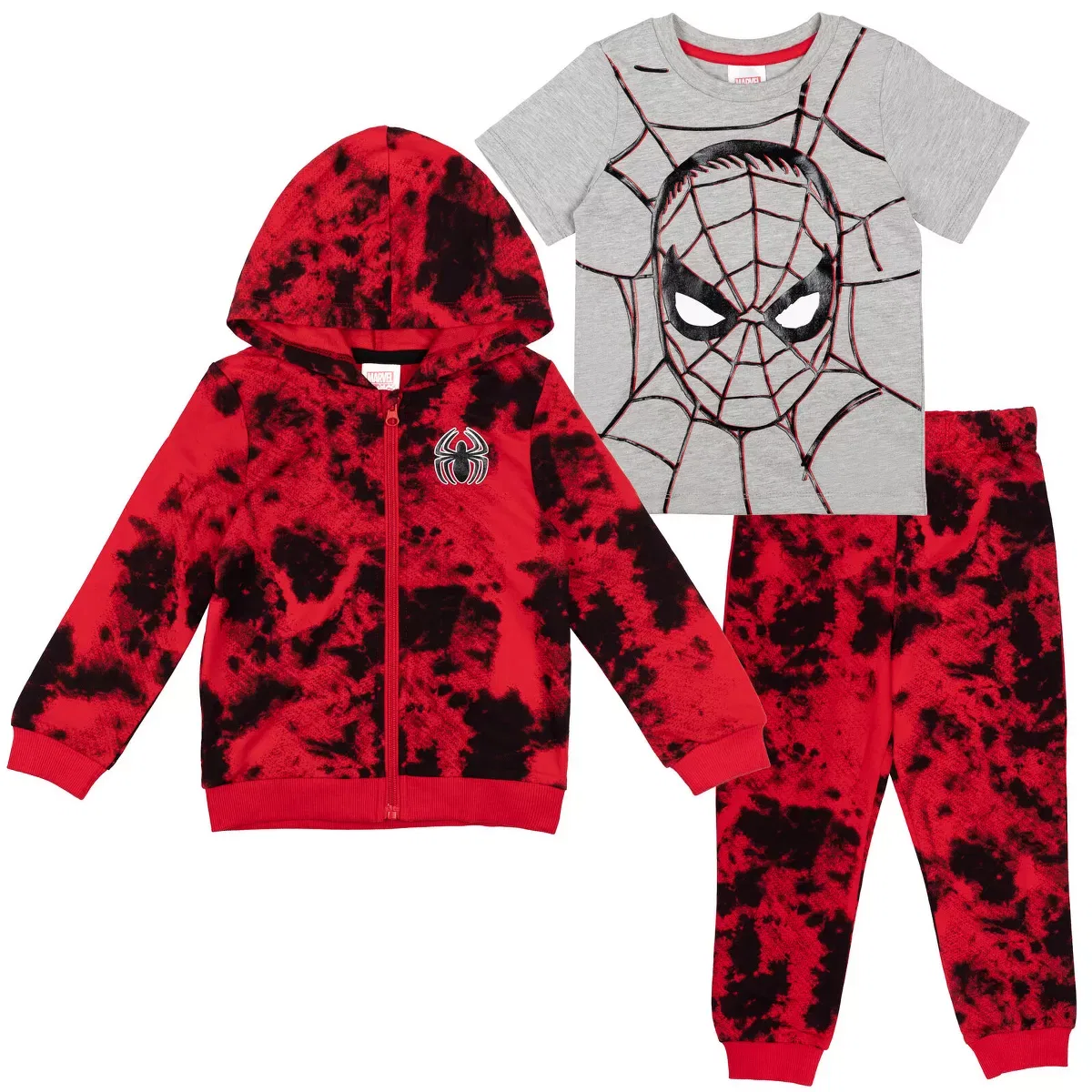 Детский комплект для мальчиков из футера с принтом Marvel Spider-Man French Terry Zip Up Hoodie T-Shirt Pants 3 Piece Outfit Set, Spiderman Red