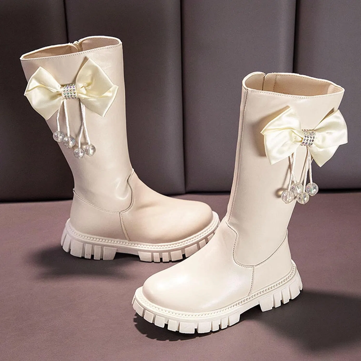 Детские зимние сапоги для девочек с принтом Moon Leather, бренд, White — фото 4