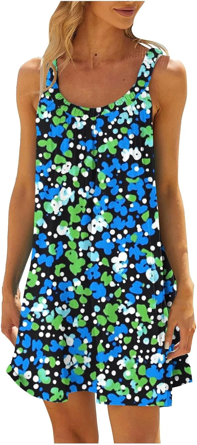 Женское летнее платье с цветочным принтом, Sleeveless, Green