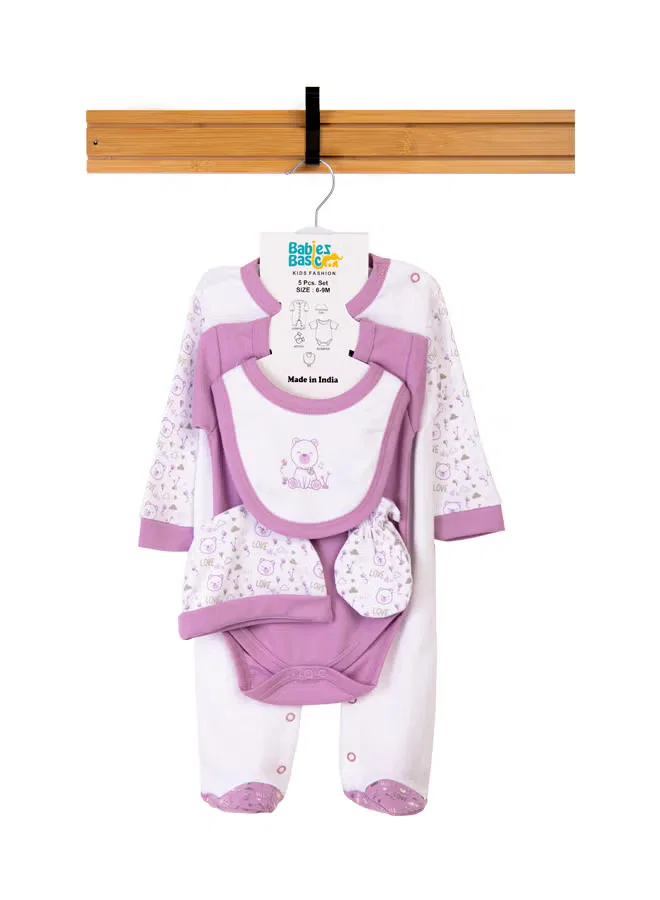 Комплект из 5 предметов хлопковый с медвежонком Babies Basic, темно-лиловый