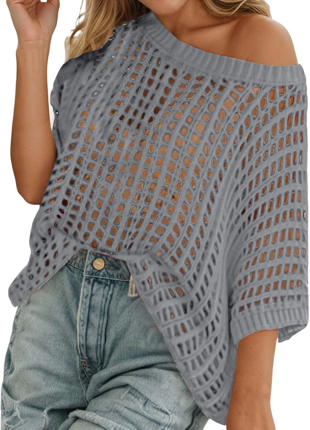Женский вязаный топ с вырезами Crochet, Gray