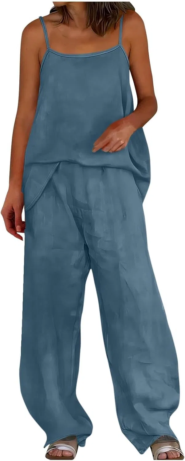 Женский летний комплект из топа и широких брюк с карманами, Light Blue