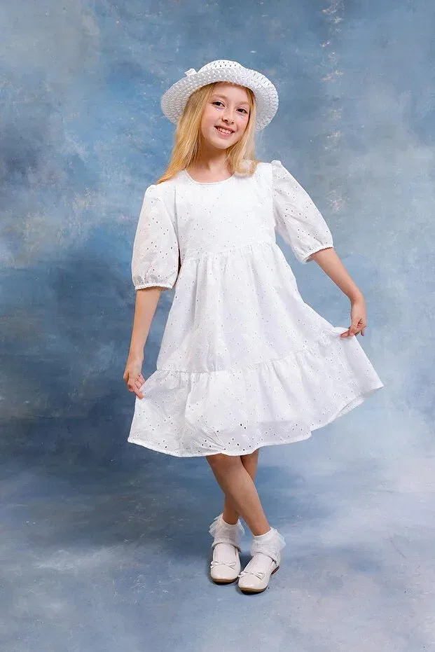 Детское платье для девочек с принтом Leaf Patterned Balloon Sleeve Brode Dress With Hat Perendi, White