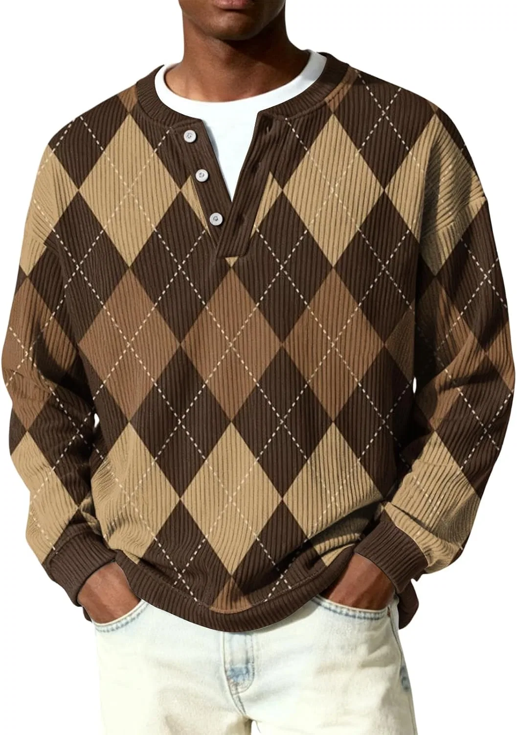 Мужская футболка с длинным рукавом, Ribbed Knit Henley, коричневый