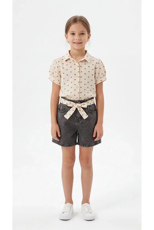 Детский комплект для девочек с принтом All Over Heart Printed Bowknot Mışıl Kids, Beige
