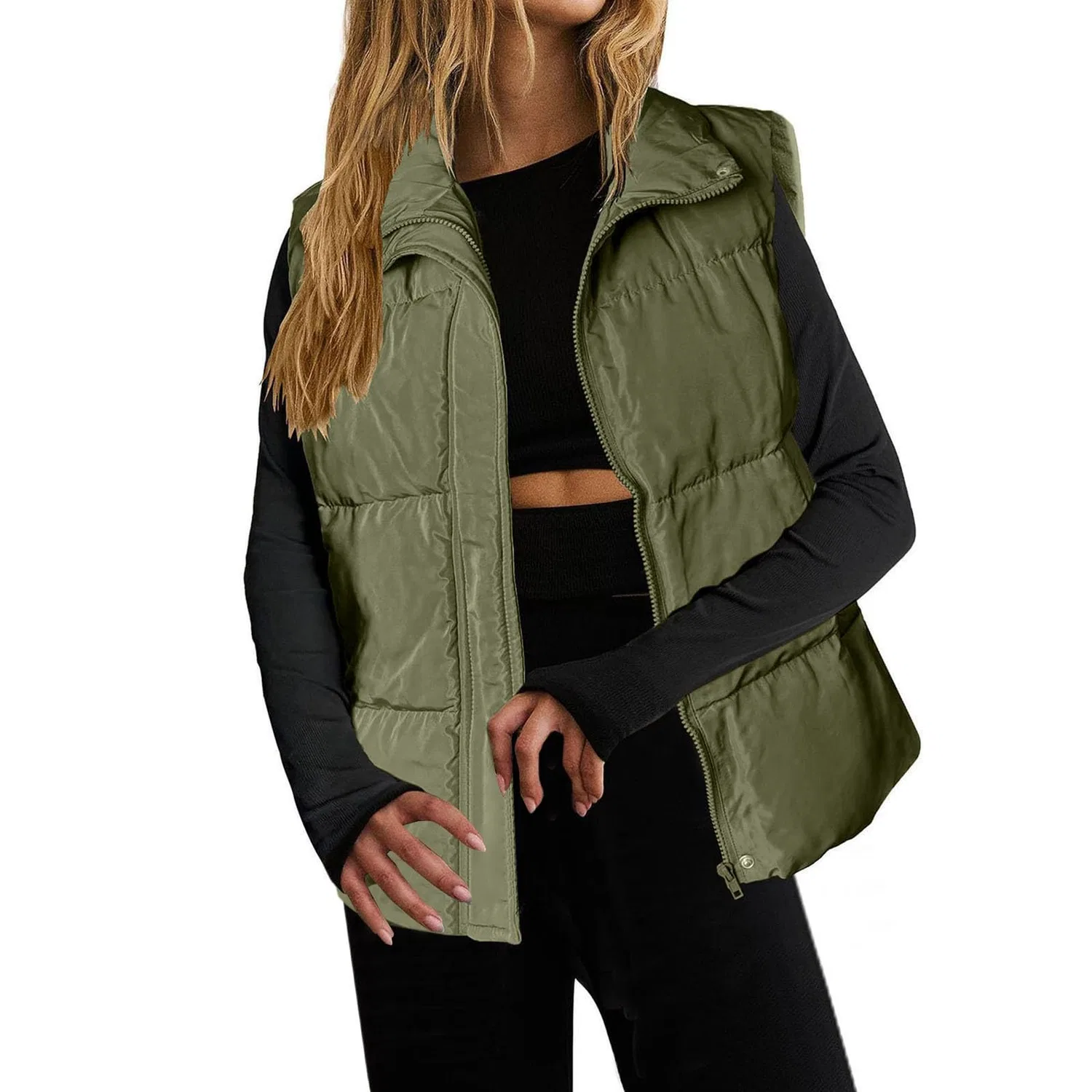 Женский жилет с молнией и воротником-стойкой без рукавов, модель Elegant Sleeveless Vest with Zipper Stand Collar Lightweight Feather Thick Solid Color Casual Vest for Teens Girls, Ag