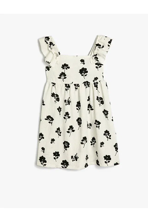 Детское платье для девочек с воланами Frill Detailed Floral Patterned Textured Strappy Koton, Ecru Patterned