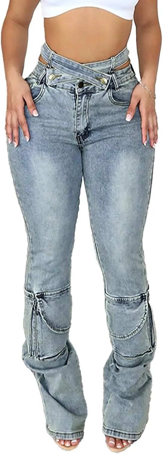 

Женские джинсы с высокой талией и расклешенным силуэтом BUDIELIAO