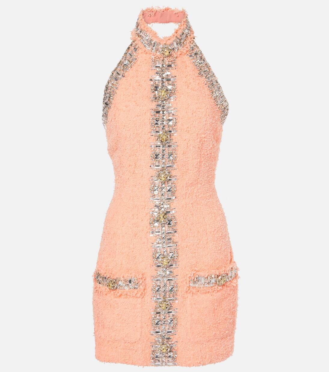 

Мини-платье с декоративным воротником-халтер Balmain, цвет saumon/cristal