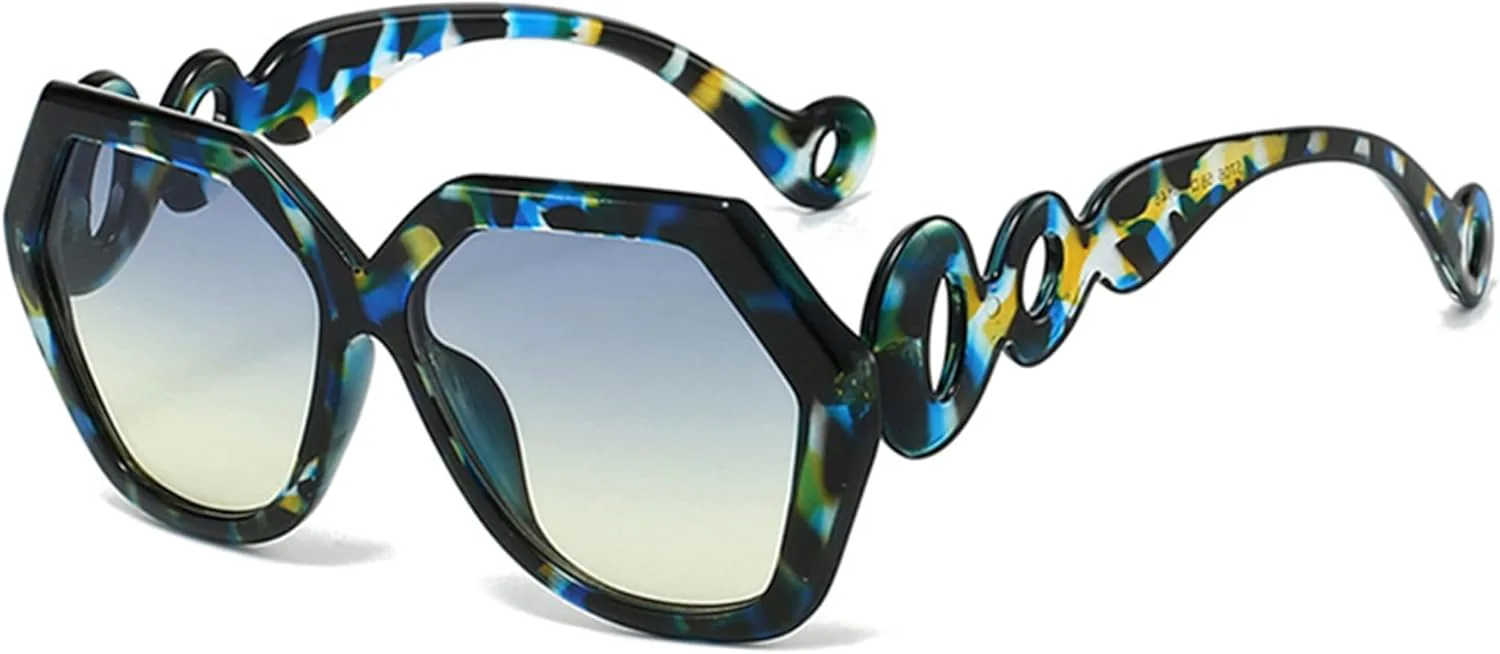 

bullabulling Модные женские солнцезащитные очки очень большого размера в стиле ретро с шестиугольной толстой оправой, винтажные очки большого размера, Green Flower