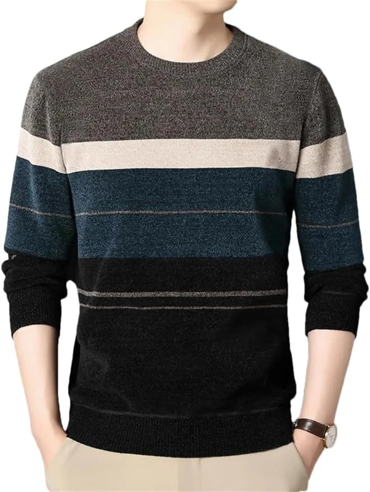 

Мужской свитер с контрастными полосками, утепленный флисом OWEIEYEU