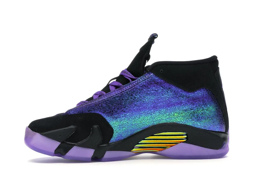Детские кроссовки лимитированной серии с принтом Jordan 14 Retro Doernbecher (2019) (GS) Jordan, Black/Court Purple-Multi-Color-White — фото 3