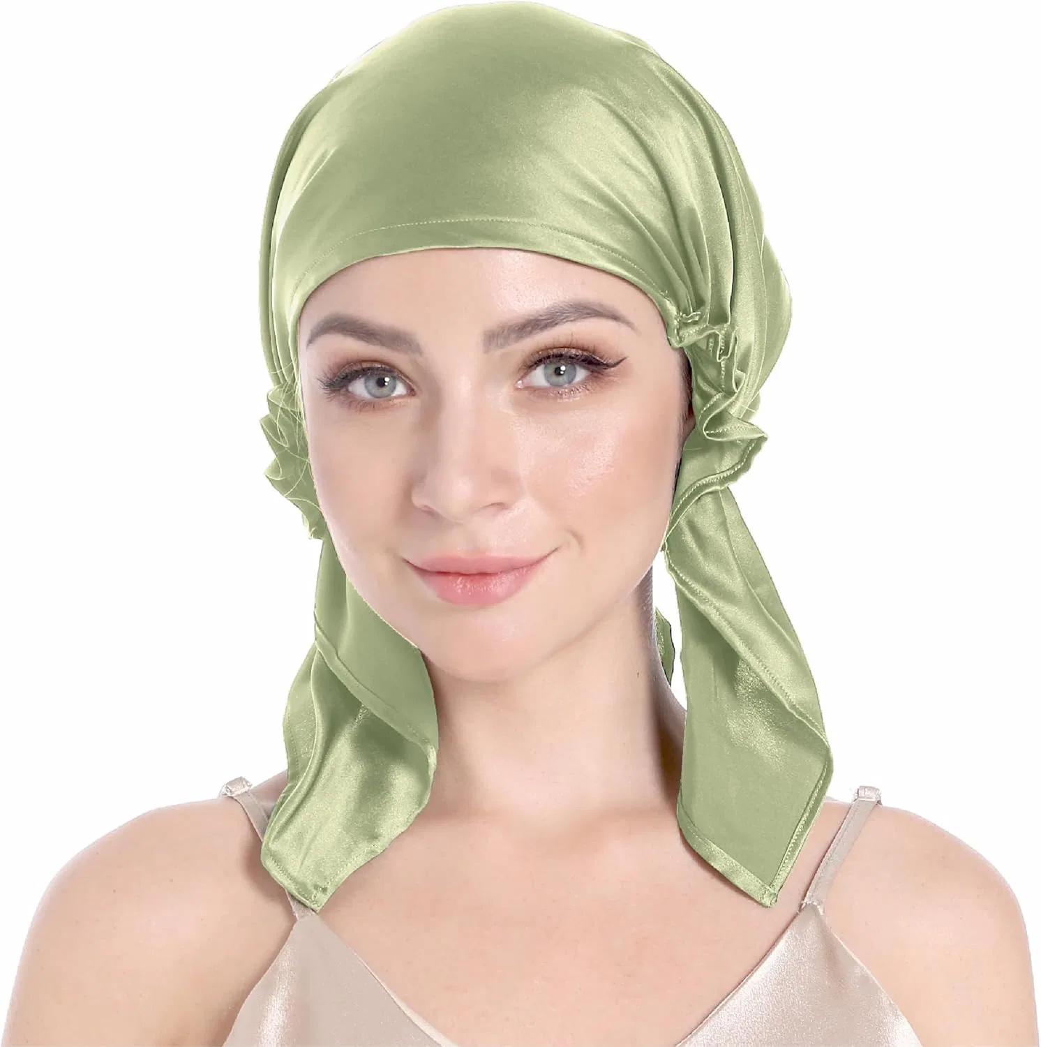Шелковый чепчик для сна с завязками, SissiLita, M-L, Sage Green — фото 4
