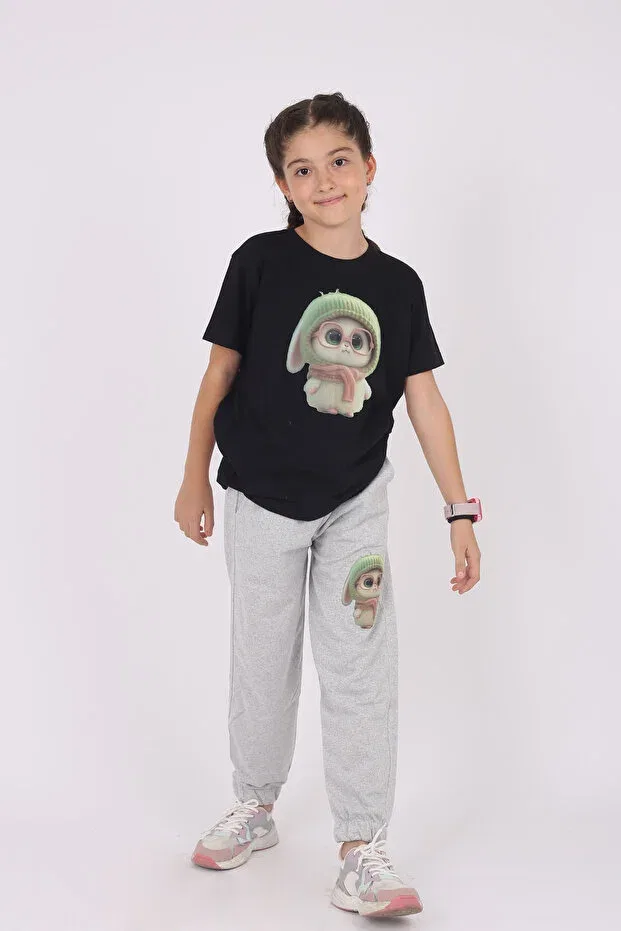 Детский комплект для девочек с принтом Cute Rabbit Print T-Shirt & Solid Bottom Girl's Set Cm Buseyiz, Black-Gray — фото 4