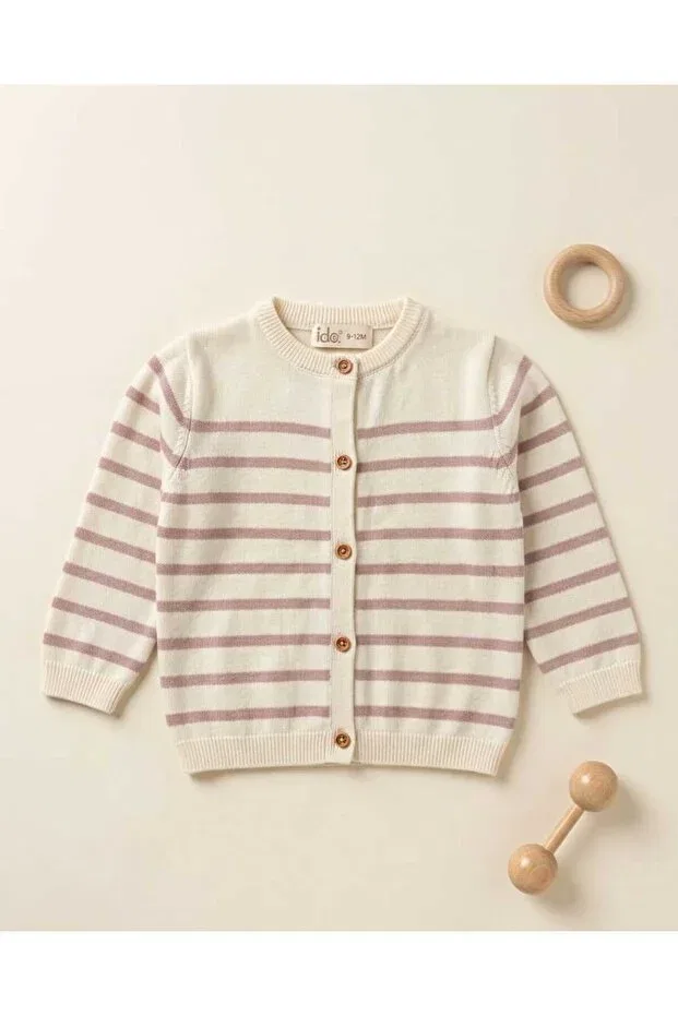 Детский кардиган для девочек с полоской Lila triko baby cardigan Ida Triko, Ecru-Pink — фото 2