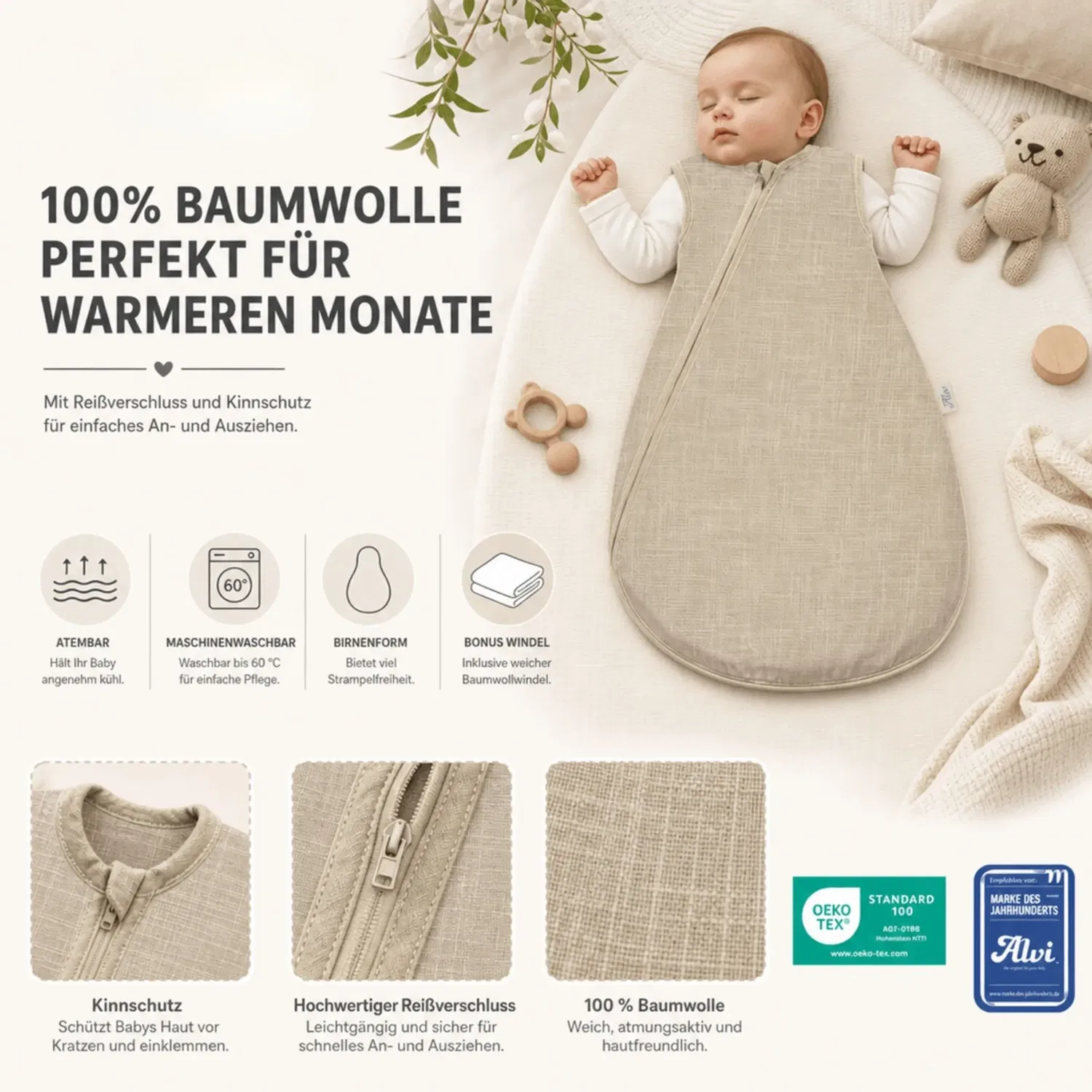 Спальный мешок летний из муслина Baby Mäxchen Sommertraum Alvi, натуральный — фото 4