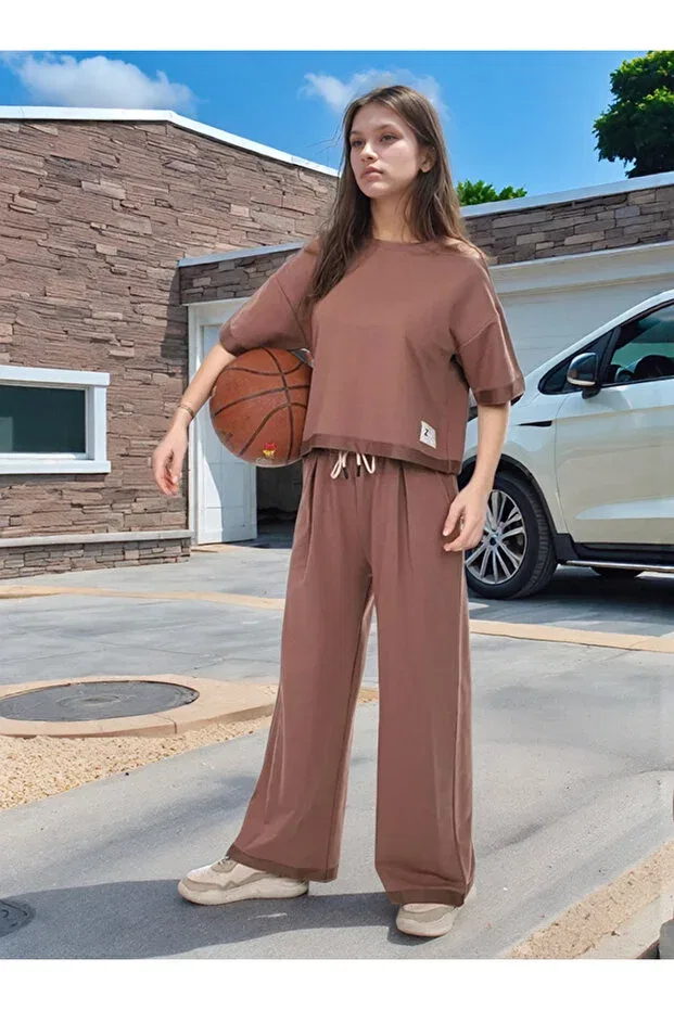 Детский спортивный комплект для девочек хлопковый свободный Oversize Soft Textured Joui Co, Brown