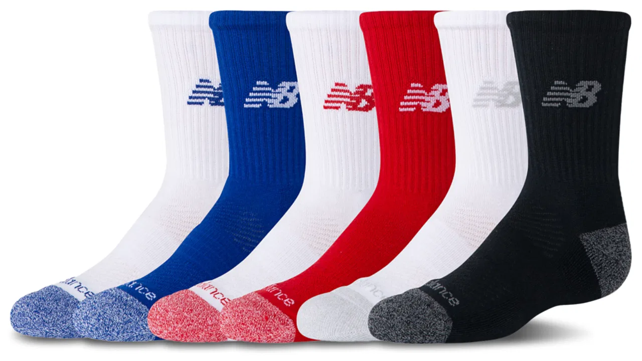 Детские носки для мальчиков с амортизацией, комплект из 6 пар, Active Cushion, New Balance, White Frosted Glass Black