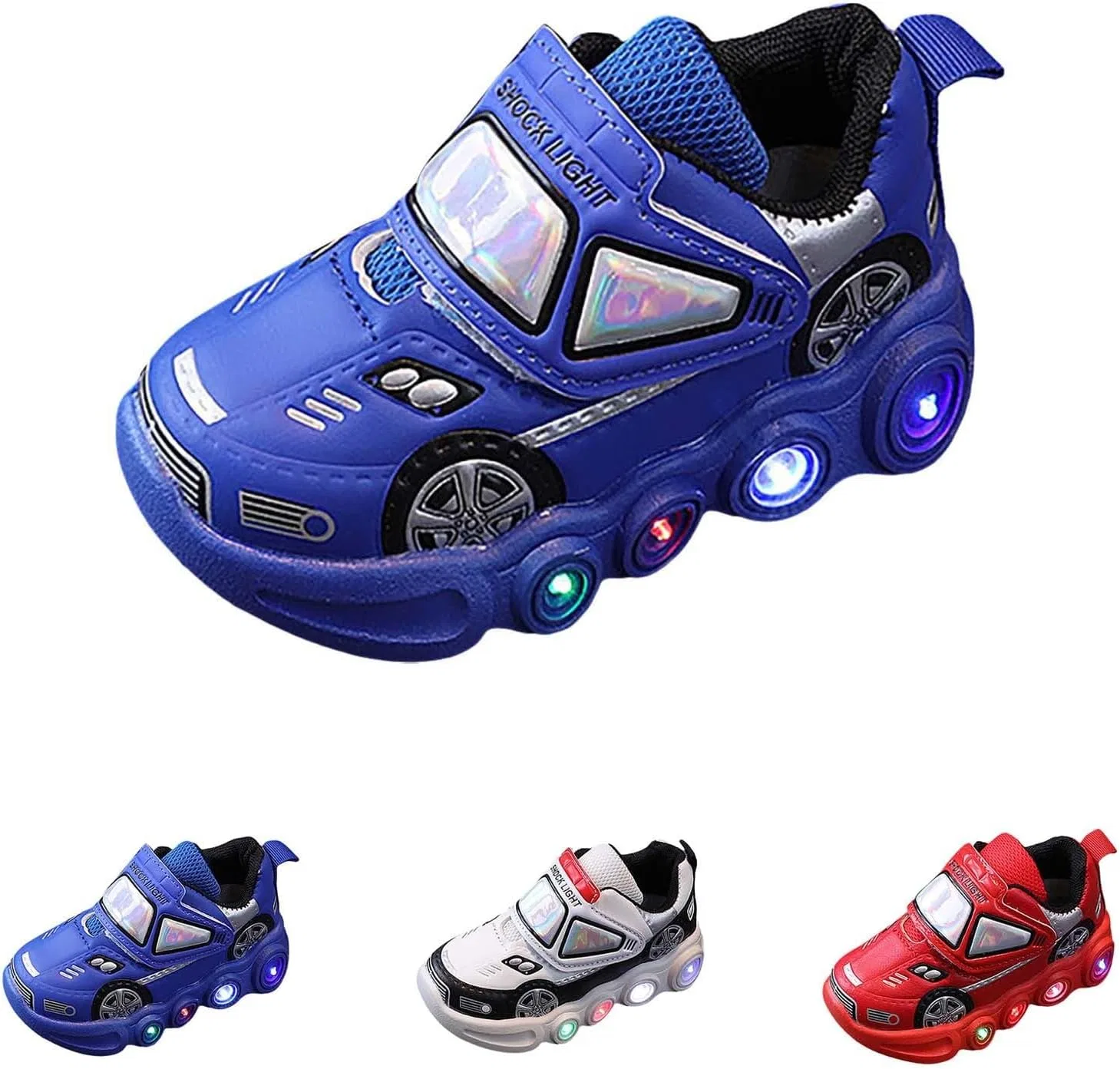 Детские кроссовки для мальчиков с подсветкой, с рисунком машинок, Little Fashion Cute Soft Lighted Athletic Shoes, Blue — фото 3