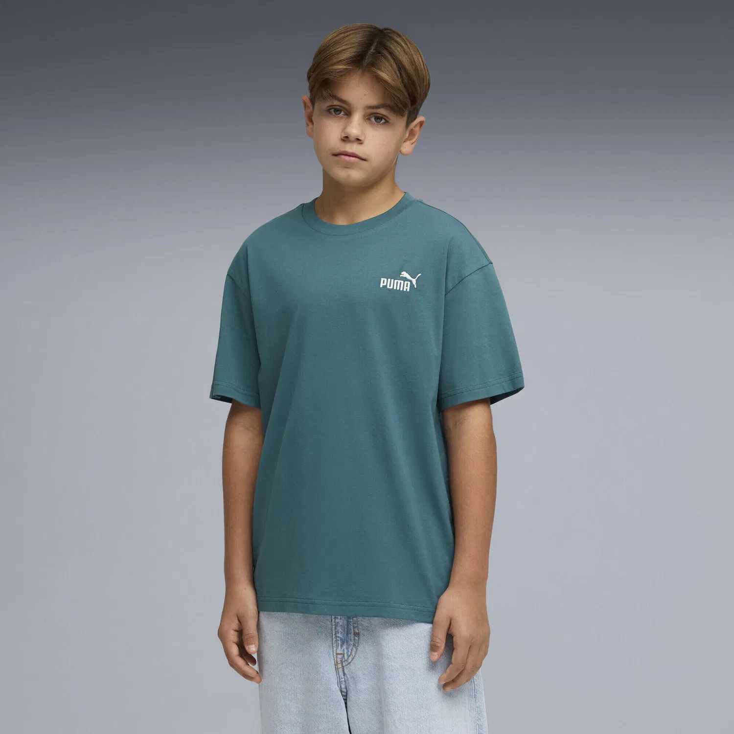 Детская футболка с вышивкой ESS Small No. 1 Logo Puma, Smaragdgrun Granitgrun — фото 2
