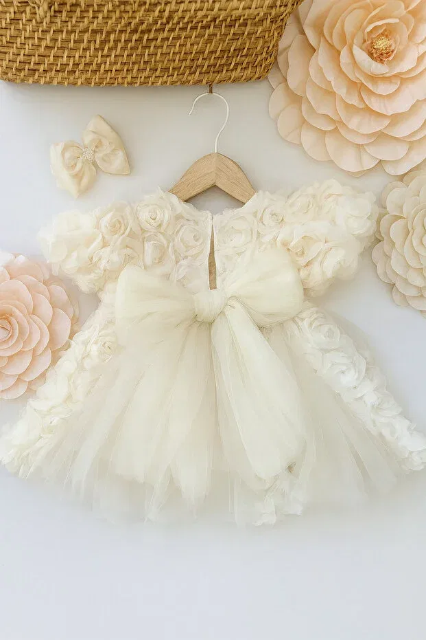 Детское платье для девочек с принтом 3d Rose Lined Dress with Bow Detail Beyaz Bebe, Ecru