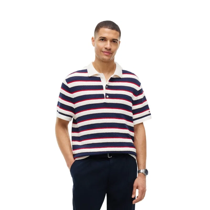 Мужской свитер с полоской и воротником-поло Tommy Hilfiger, Beige White Navy Blue Red Stripes 0FA