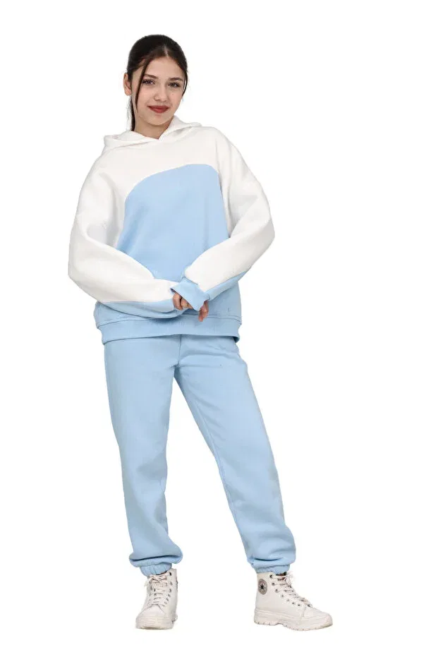 Детский спортивный костюм для девочек из футера с капюшоном Erdem Kids, Baby Blue-Ecru